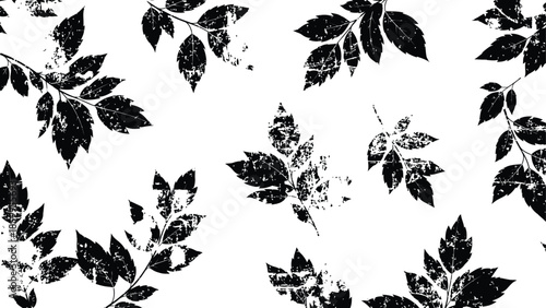 Black and White Grunge Leaf Pattern Distressed Botanical Texture Vintage Vector Background