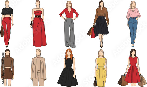 Fashionable Women Illustrations Set with Trendy Summer Outfits, Stylish Casual Wear, Elegant Dresses, and Modern Female Apparel Sketches for Design (22 words)