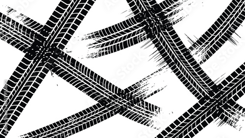 Distressed black tire tracks vector background texture pattern