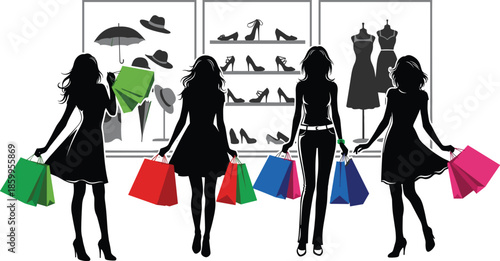 Silhouette of a businessman in a suit and a stylish woman holding multiple shopping bags, luxury retail and professional consumerism
