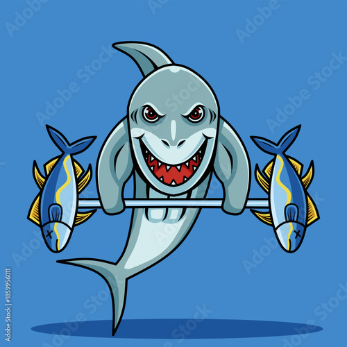 Cartoon vector illustration of a strong shark lifting a barbell shaped like a tuna fish using both fins. Fun, creative, and playful fitness concept with a humorous marine theme.