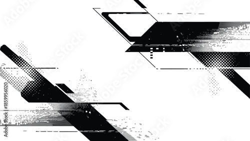 Futuristic black and white abstract geometric grunge glitch frame background with halftone dots and data corruption lines
