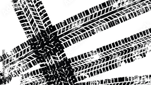 Abstract intersecting distressed tire tracks background in black and white grunge style vector graphic