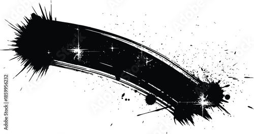 Dynamic black paint stroke abstract brush texture with grunge splatter and speed lines vector graphic