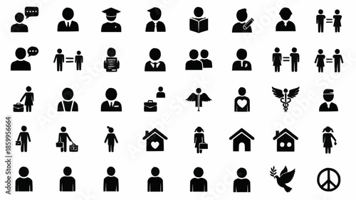 Collection of diverse human silhouette icons representing various activities and concepts.