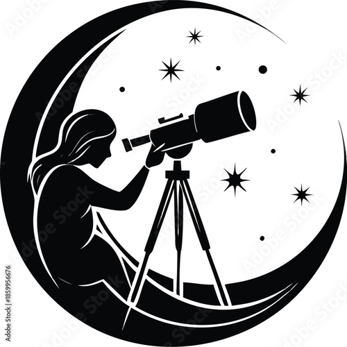 Silhouette Of A Person Looking Through A Telescope For The Moon