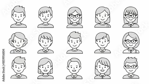 Collection of Diverse People Avatars in Simple Line Art Style.