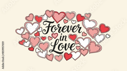 Romantic hearts surround Forever in Love text