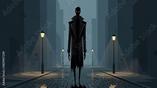 Mysterious Figure in Dark Cityscape at Night.