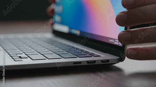 Side view of laptop keyboard with screen display, modern technology device close up, computer software coding and programming concept, digital operating system interface