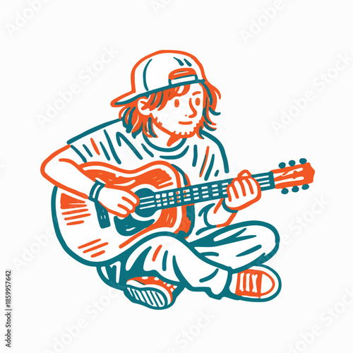 Young Musician Playing Acoustic Guitar Illustration