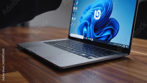 Side view of laptop keyboard with screen display, modern technology device close up, computer software coding and programming concept, digital operating system interface