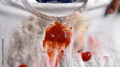 Closeup view of a pristine white tshirt heavily soiled with various food stains including bright red ketchup demonstrating a common laundry challenge and the need for effective stain removal products.