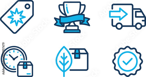 Quality assurance and logistics icons set in blue for delivery standards time 
management product certification verification guarantee branding design
