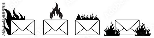 Set of burning envelope icon vector for urgent alerts. Ideal for illustrating hot news, spam filtering, deleted messages, and critical notifications.