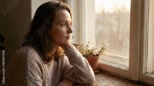 Middle Aged Woman With Brown Hair Wearing A Cozy Beige Sweater Gazes Out A Dusty Window With Soft Golden Hour Light Illuminating Her Face