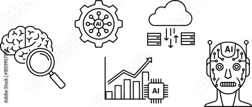Business technology data analysis AI cloud computing vector illustration icon set isolated on white background