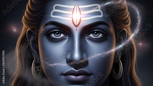 Portrait of Shiva face with glowing tilak and divine eyes for meditation devotion spirituality Mahashivratri worship faith religion culture art and Mahadev symbolism illustration