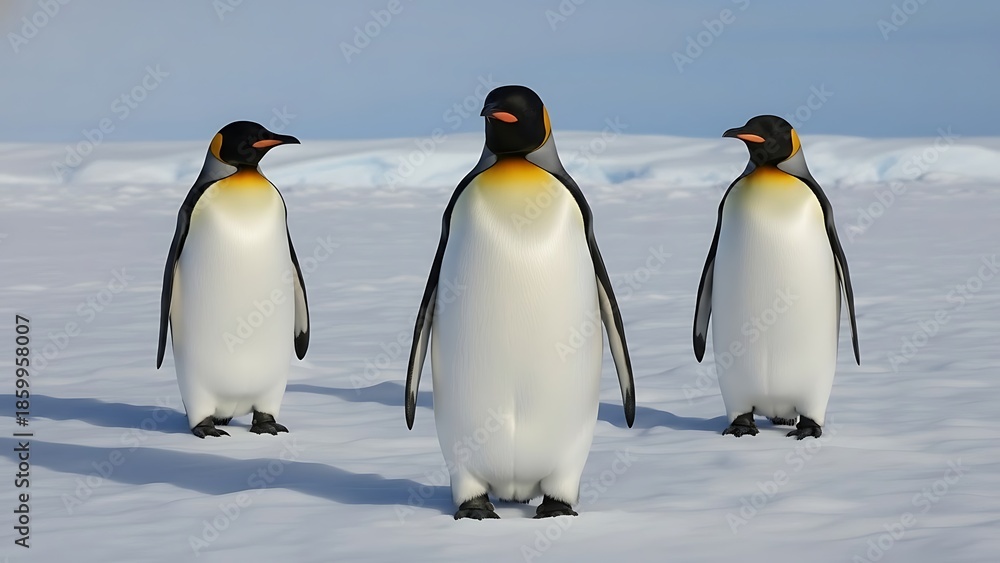 Obraz premium Three king penguins standing on snowy ground