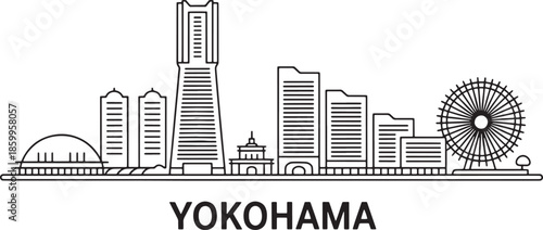 Yokohama cityscape line art vector illustration featuring minato mirai district famous landmark tower and ferris wheel.