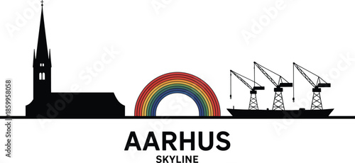 aarhus skyline silhouette with church rainbow and shipping cranes on transparent background