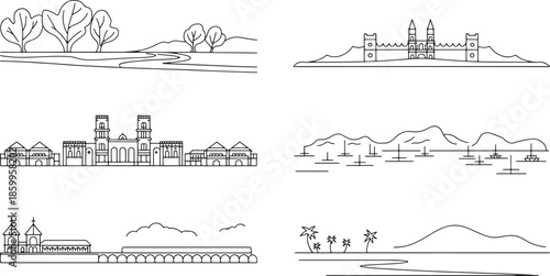 line art cityscapes landscapes and coastal scenes on transparent background vector