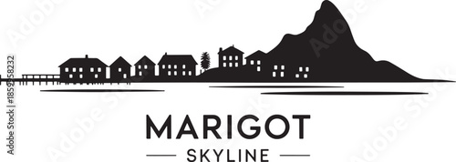 Marigot skyline silhouette vector illustration featuring caribbean houses and tropical mountain