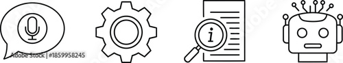 Four technology related vector icon illustration set featuring voice assistant gear search and robot isolated on white background