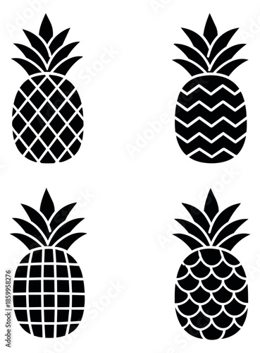 Stylized graphic pineapple icon set featuring various patterns for tropical design