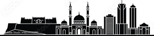 Muscat city skyline silhouette with grand mosque and fort architectural landmark illustration