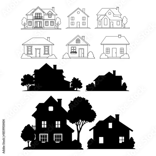 thin linear and solid black house , town silhouette pack