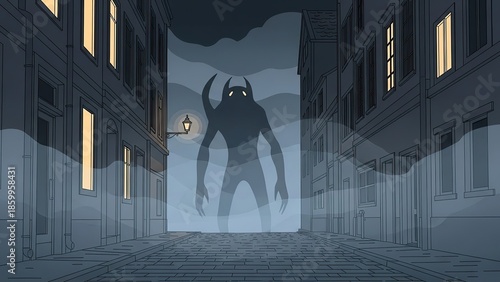 Mysterious Monster in Dark Alleyway Scene.