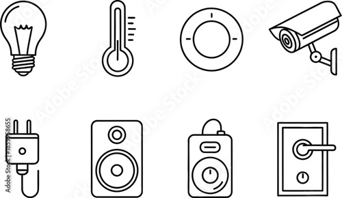 Set of eight smart home technology vector line icons illustration featuring various devices isolated on white background