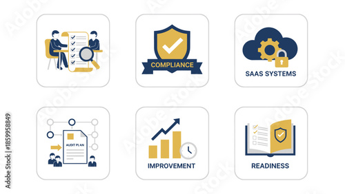 Set of six business and technology icons representing different concepts.