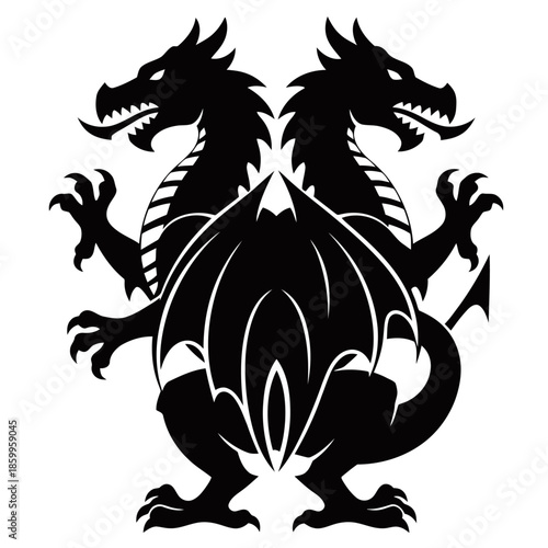 Symmetrical black silhouette of a two-headed dragon with wings and a tail, facing outwards, depicted in a heraldic style.