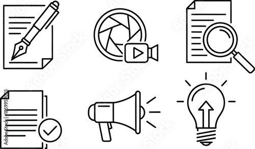 Set of six content creation media marketing and idea business process vector line icons illustration isolated on white background