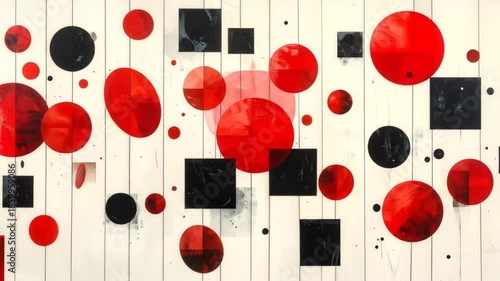Abstract geometric painting on a vertical surface. Red circles, black squares, on white