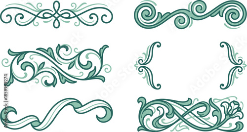 Elegant vintage ornamental flourish borders and decorative swirl dividers in teal blue color 
palette perfect for classic design elements wedding invitations and sophisticated graphic 
embellishments