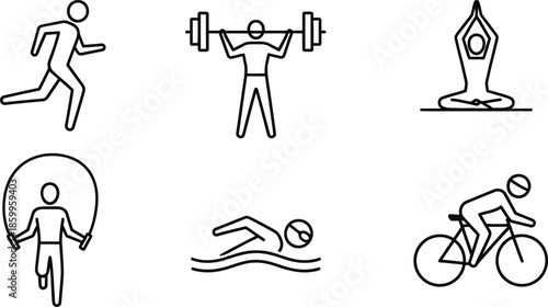 Six fitness sport outline vector icons illustration for healthy lifestyle isolated on white background