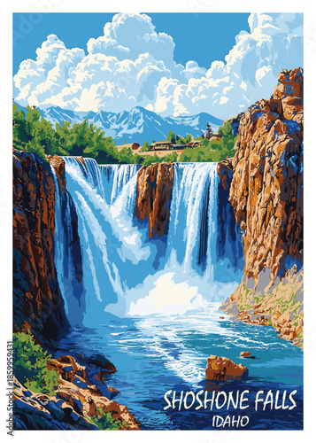 Vector illustration of Shoshone Falls Idaho, a powerful waterfall cascading over rugged cliffs into a blue-green river under a cloudy sky.