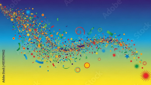 Vibrant particles dance across a colorful gradient background with dynamic movement and energy.