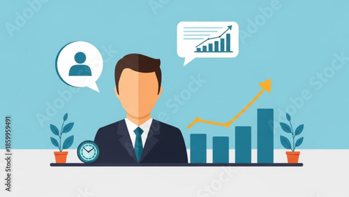 A businessman analyzes data trends illustrated in graphs and charts on a digital display