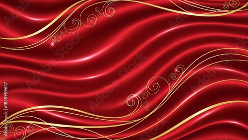 Luxurious Red Fabric with Golden Swirls and Elegant Drapery