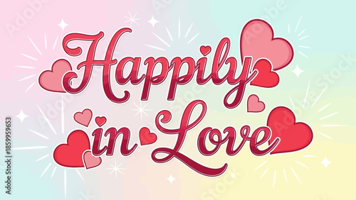 Happily in love message with hearts on pastel background