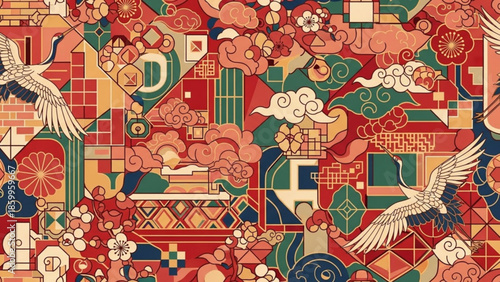 Vibrant birds soar above intricate patterns and floral motifs in a dynamic cultural illustration