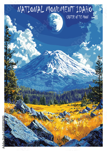 Vector illustration of Craters of the Moon National Monument in Idaho featuring a snow-capped mountain under a bright moonlit sky with fluffy clouds, surrounded by pine trees and golden meadow.