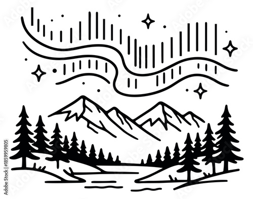 Hand drawn line art illustration of a mountain forest landscape depicting the northern lights in the night sky for outdoor and travel-themed designs
