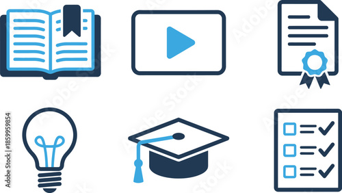 Education learning and academic achievement icons featuring books graduation cap certificates 
checklist lightbulb in blue tones for online courses knowledge platforms and educational 
technology 