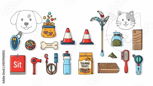 Collection of dog and cat accessories and training items.