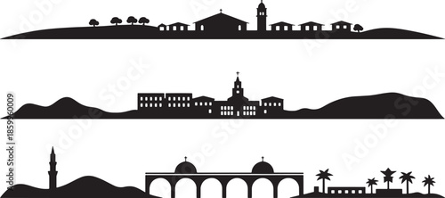 Collection of village and town silhouettes featuring historical arch bridge and palm tree coast
